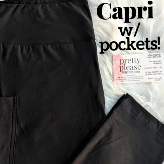 Solid Black CAPRI W/ POCKETS Double Brushed Super SOFT Yoga Band Leggings Plus OS TC TC2 Capris rts