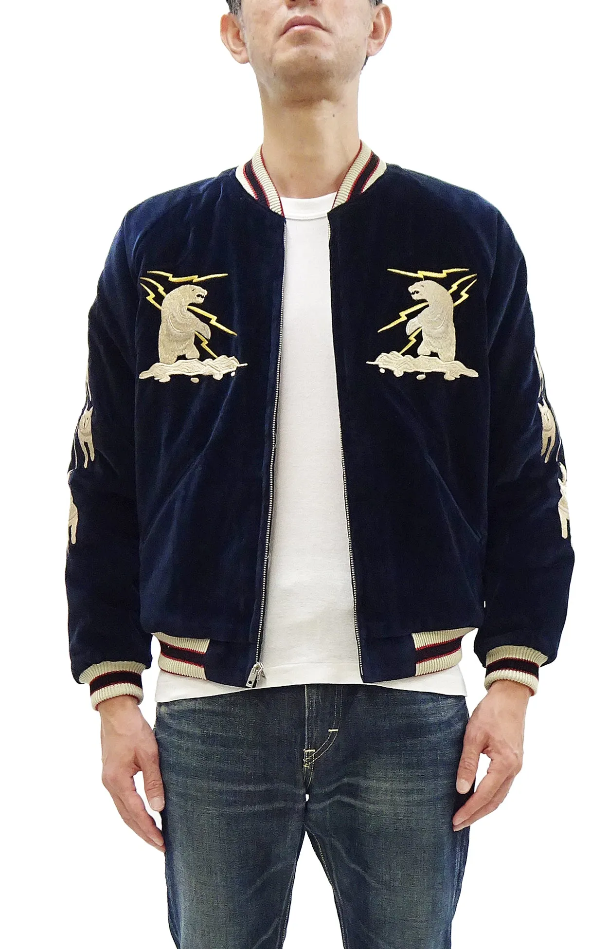 Tailor Toyo Jacket TT15544 Men's Reversible Embroidered Japanese Souvenir Jacket with Velvet and Quilted Satin TT15544-128 Alaska Navy-Blue