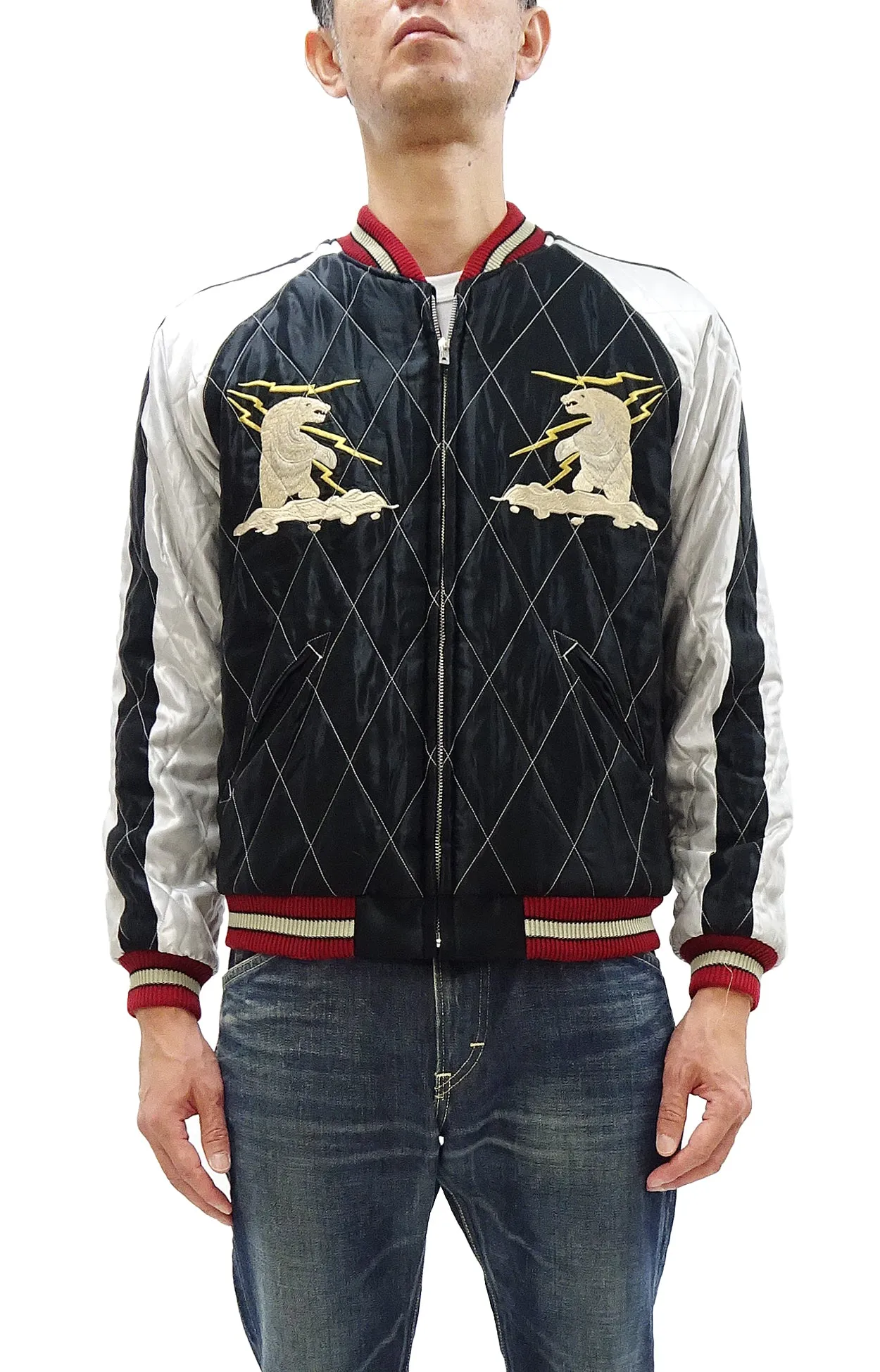 Tailor Toyo Jacket TT15544 Men's Reversible Embroidered Japanese Souvenir Jacket with Velvet and Quilted Satin TT15544-128 Alaska Navy-Blue