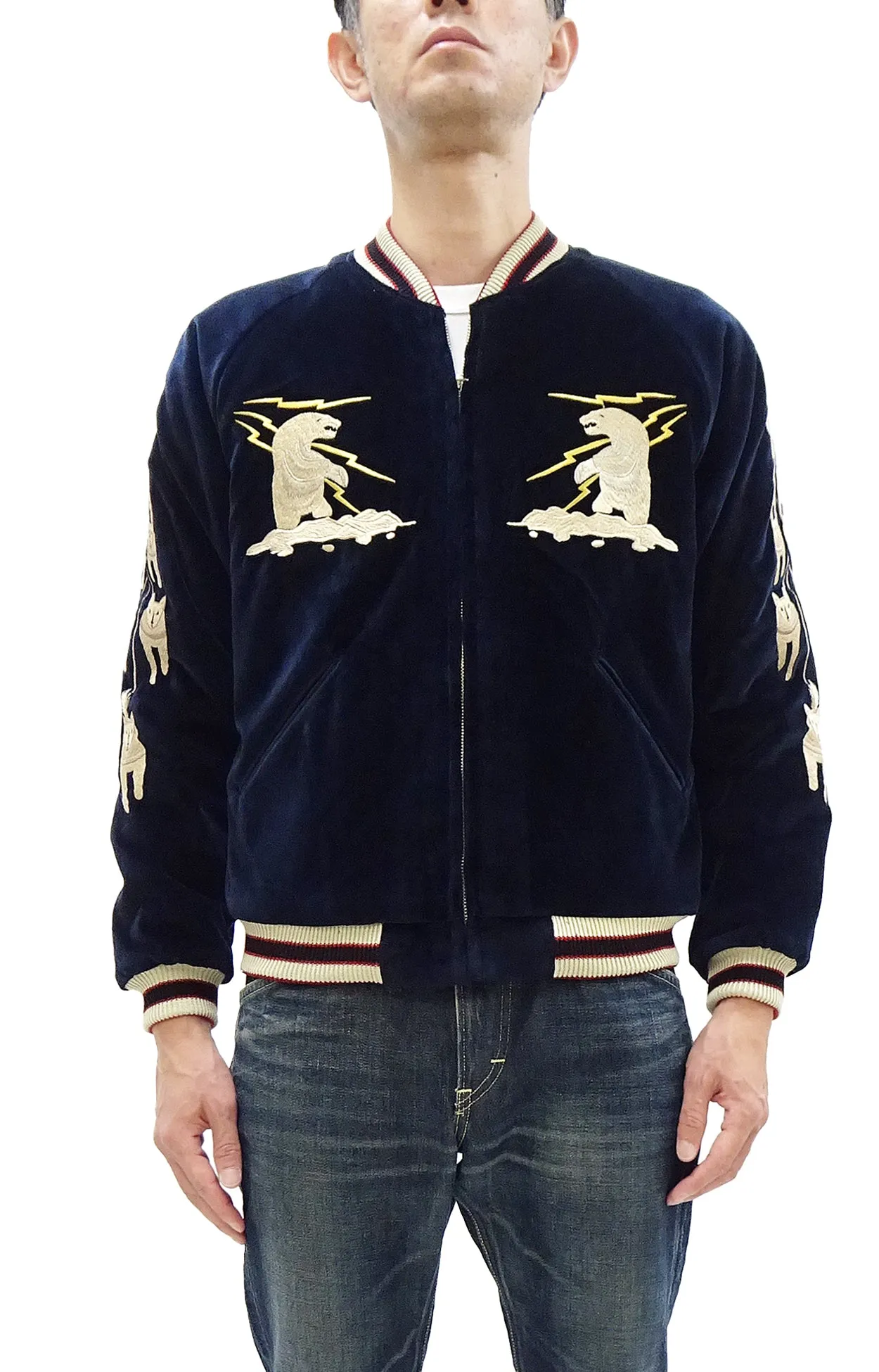 Tailor Toyo Jacket TT15544 Men's Reversible Embroidered Japanese Souvenir Jacket with Velvet and Quilted Satin TT15544-128 Alaska Navy-Blue