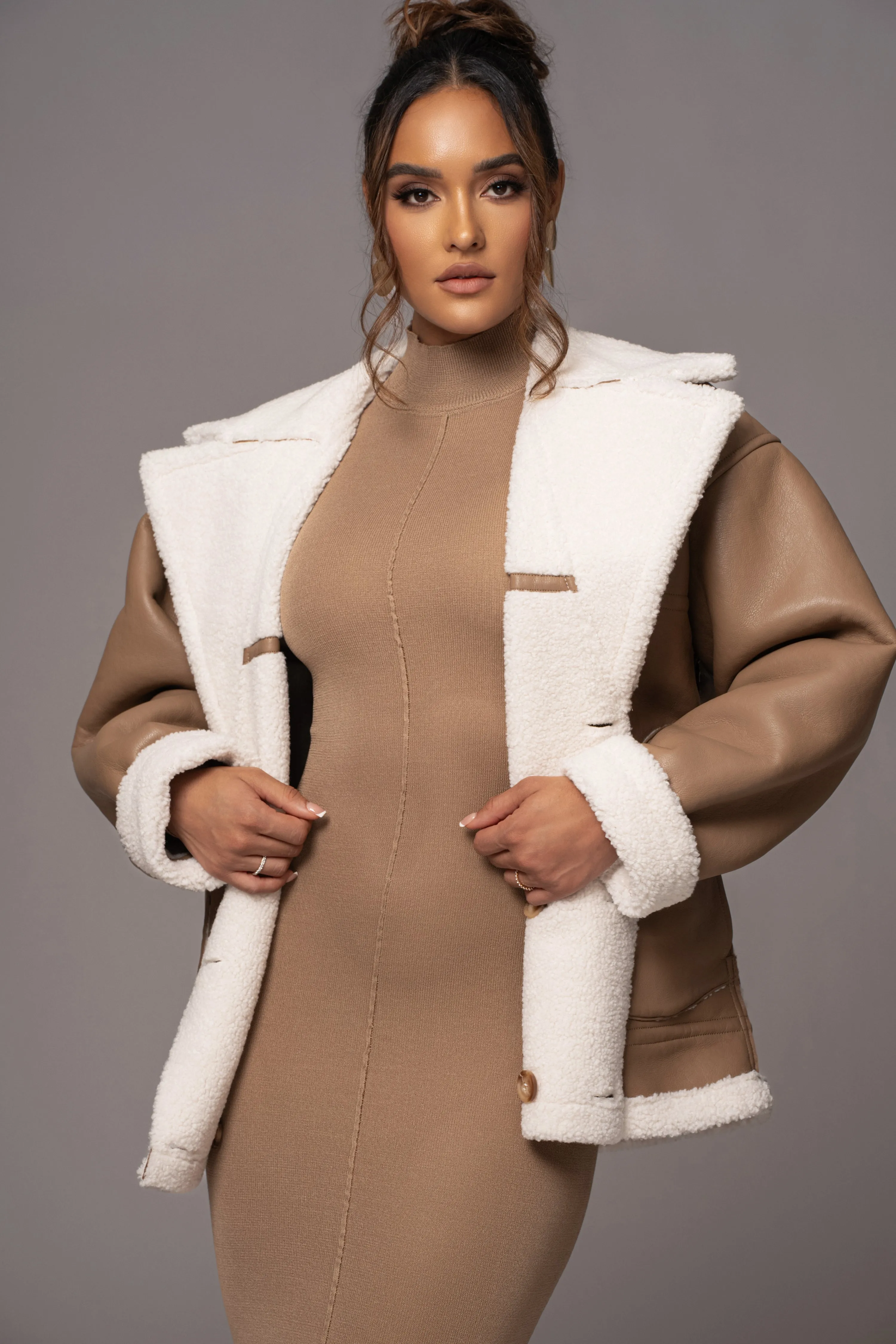 Tan Never Settle Reversible Teddy Jacket