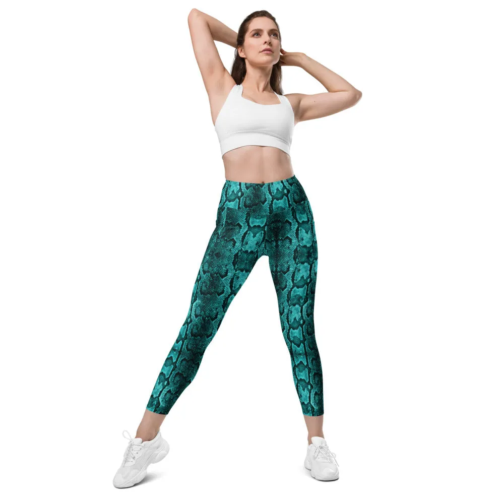 Turquoise Blue Snake Print Tights, Women's 7/8 Leggings With 2 Side Pockets - Made in USA/EU/MX