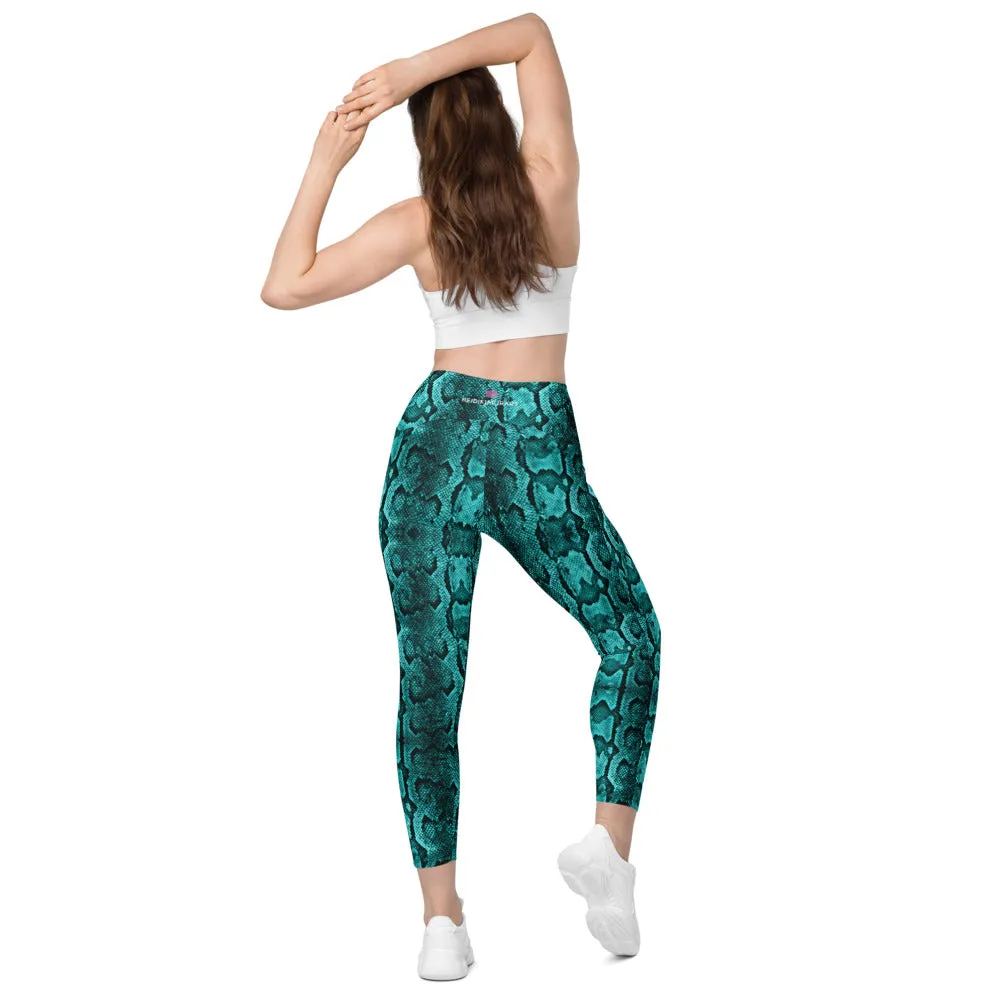 Turquoise Blue Snake Print Tights, Women's 7/8 Leggings With 2 Side Pockets - Made in USA/EU/MX