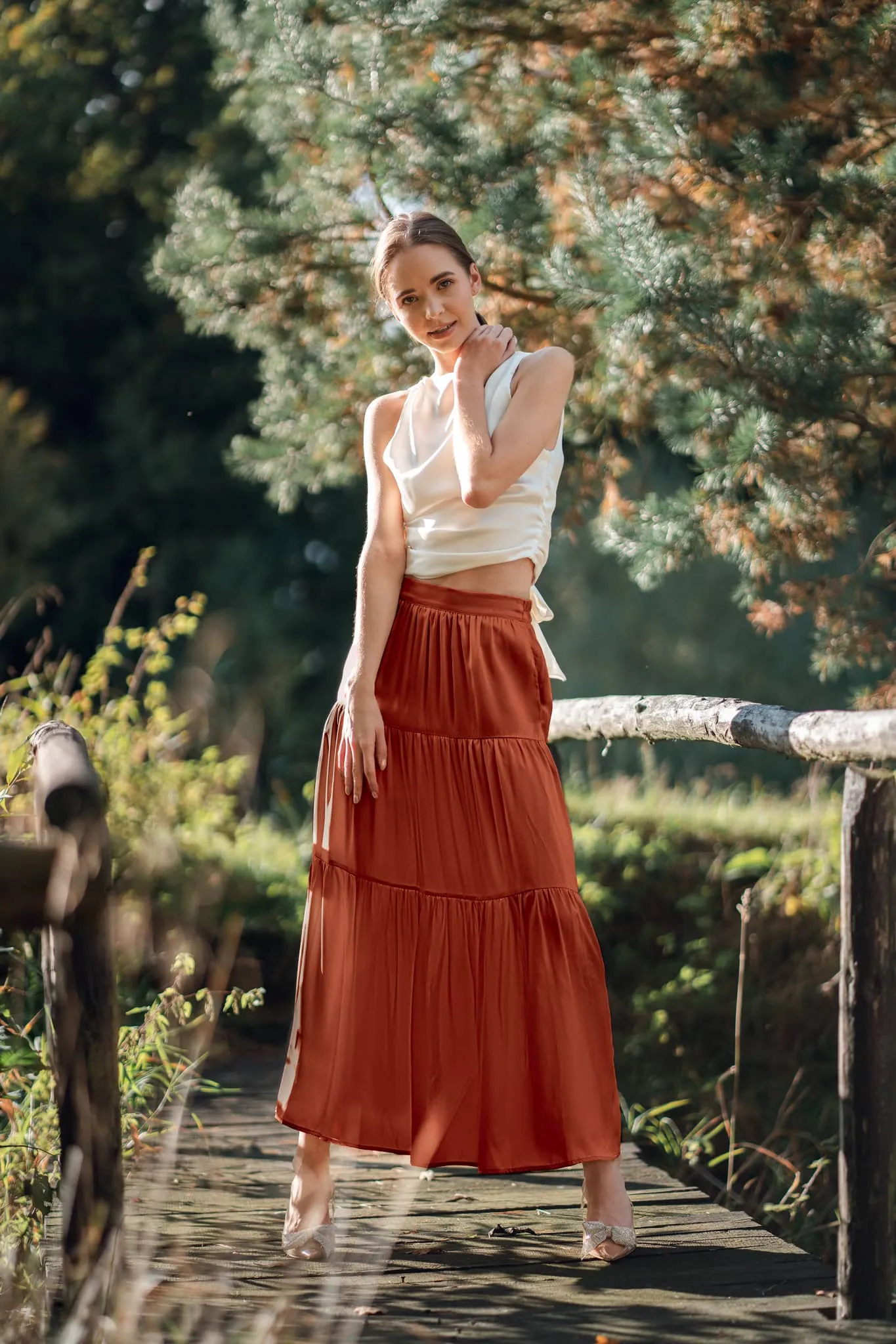 Tuscan Orange Silk Maxi Tiered Skirt