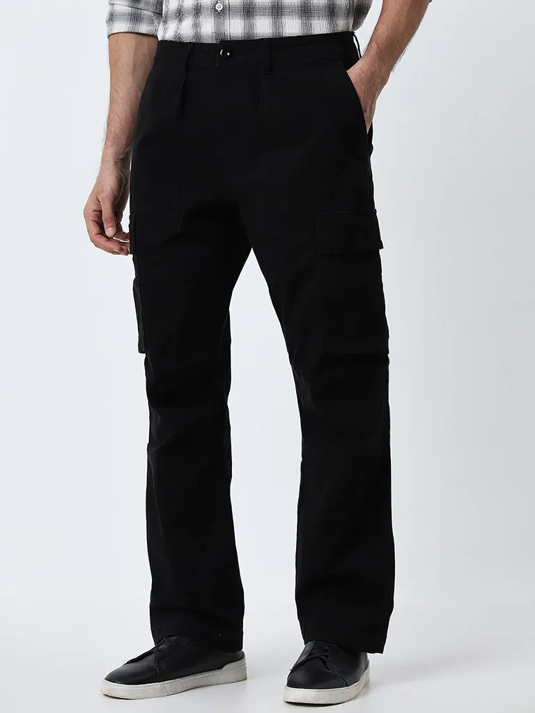 WES Casuals Black Mid-Rise Relaxed-Fit Cotton Blend Chinos