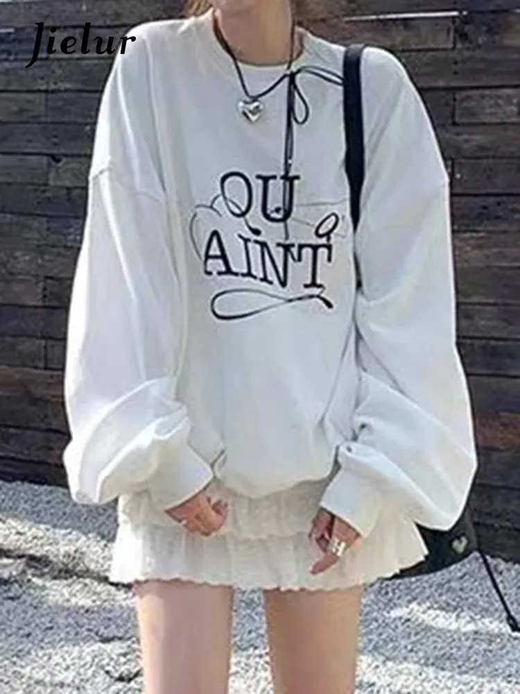 White Letter Printed Basic Hoodies Korean Office Lady Loose Pullovers Spell Color Fashion Simple O-neck Women's Hoodies