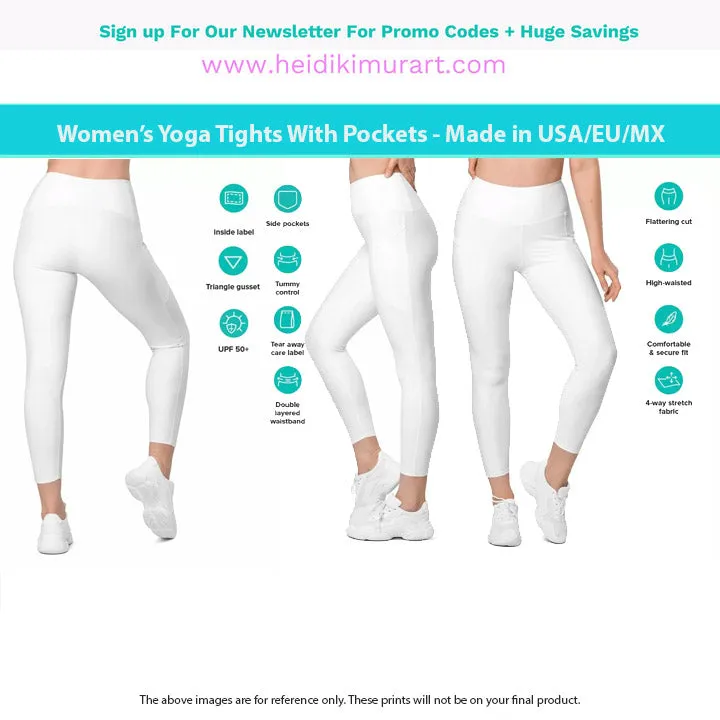 White Solid Color Women's Tights, Solid Color Best Leggings With Pockets For Women - Made in USA/EU/MX