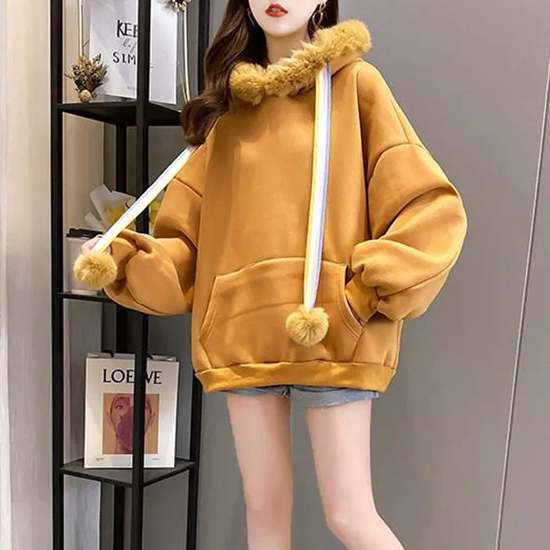 Winter Warm Women Hoodies Thick Sweet Faux Fur Hooded Wool Liner Loose Japan Girls Oversize Sweatshirt Casual Pink Tops