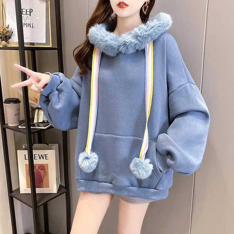 Winter Warm Women Hoodies Thick Sweet Faux Fur Hooded Wool Liner Loose Japan Girls Oversize Sweatshirt Casual Pink Tops