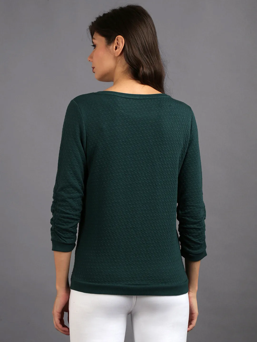 Women Solid Green Cotton Pullover Sweatshirt