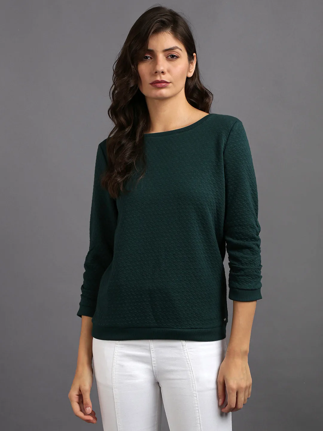 Women Solid Green Cotton Pullover Sweatshirt