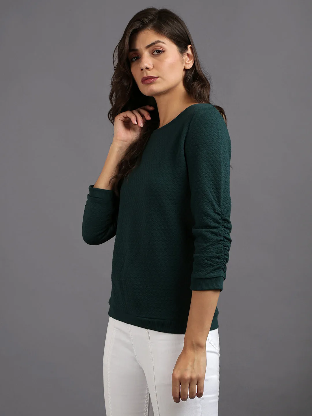 Women Solid Green Cotton Pullover Sweatshirt