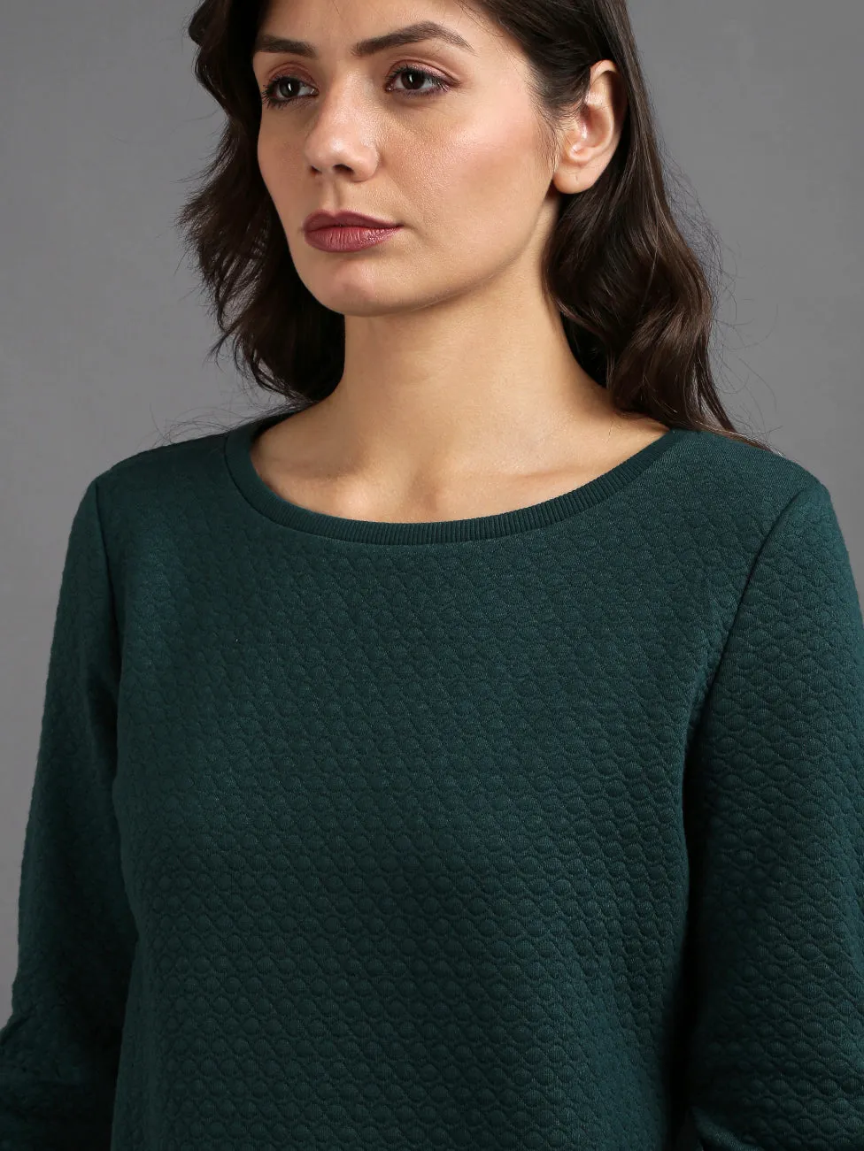 Women Solid Green Cotton Pullover Sweatshirt