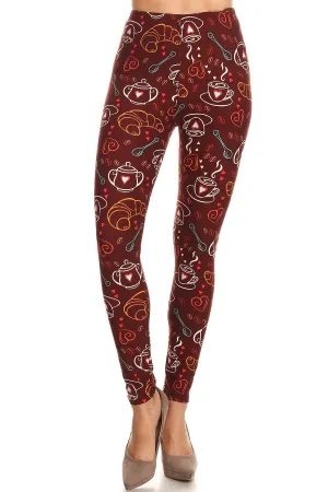 Women's 3 X 5X Coffee Tea Baguette Pattern Printed Leggings