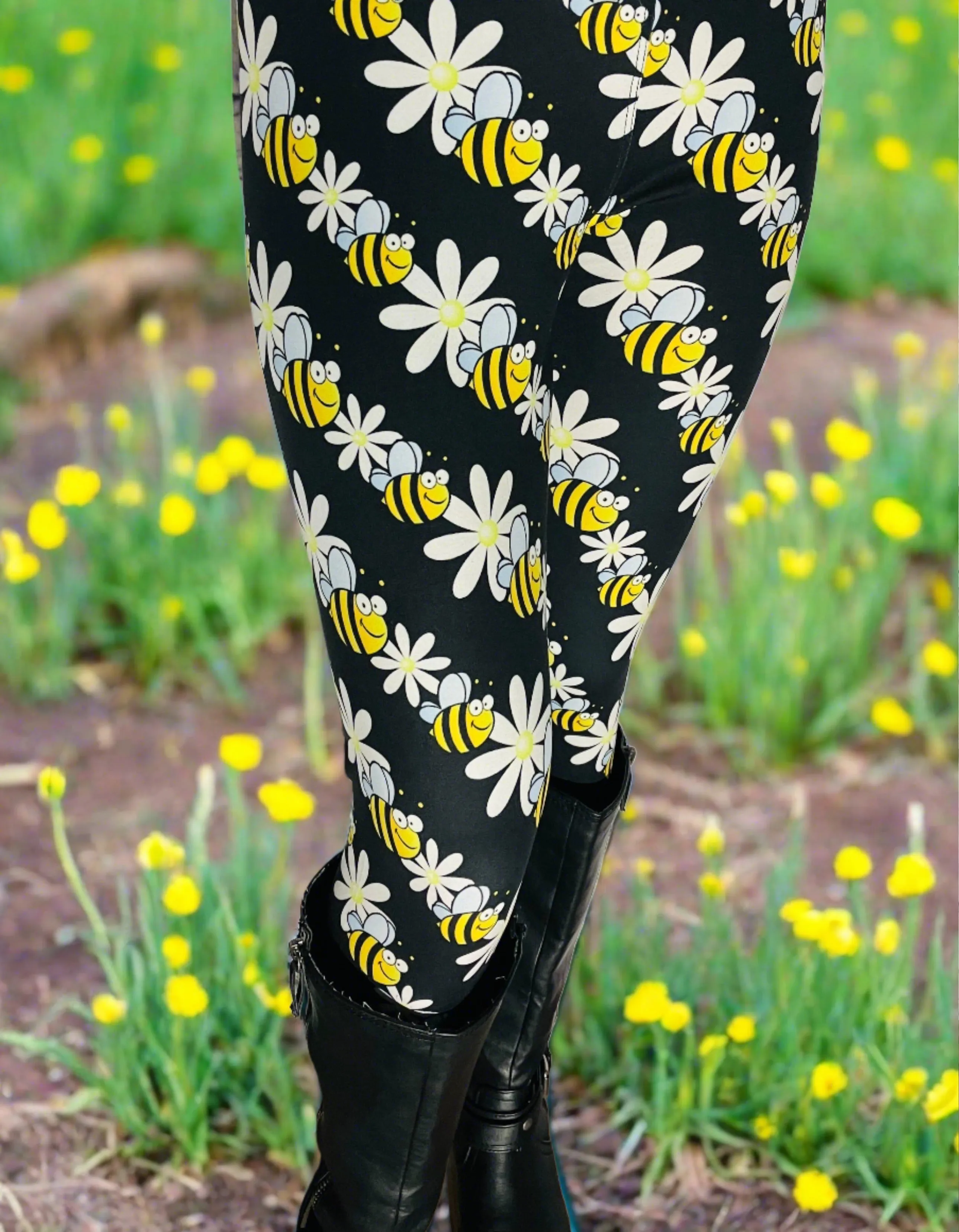 Womens Daisy Bee Leggings, Soft Yoga Pants, Sizes OS/TC, Yoga Waist, Black/Yellow, Exclusive Leggings