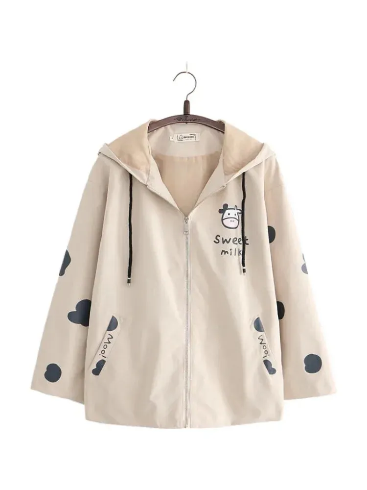 Women's Hooded Jacket Cartoon Dairy Cows Print Zipper Jackets Casual Pocket Harakuju Cute Outwear Coats 2024 Autumn Korean Tops