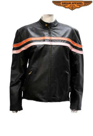 Womens Leather Jacket With Orange & Pink Racing Stripes