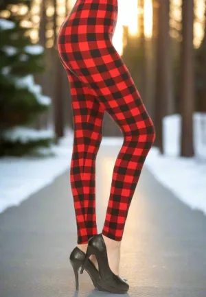 Womens Red Plaid Christmas Legging, Soft Yoga Pants, Sizes 0-22, No Roll Waist, Red/Black