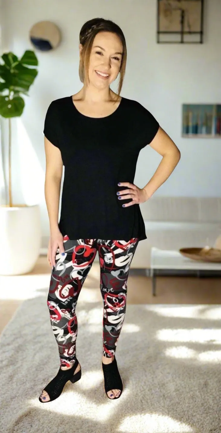 Womens Valentines Day Heart Leggings, Soft Yoga Pants, Sizes 0-20, Yoga Waist, Black/Red