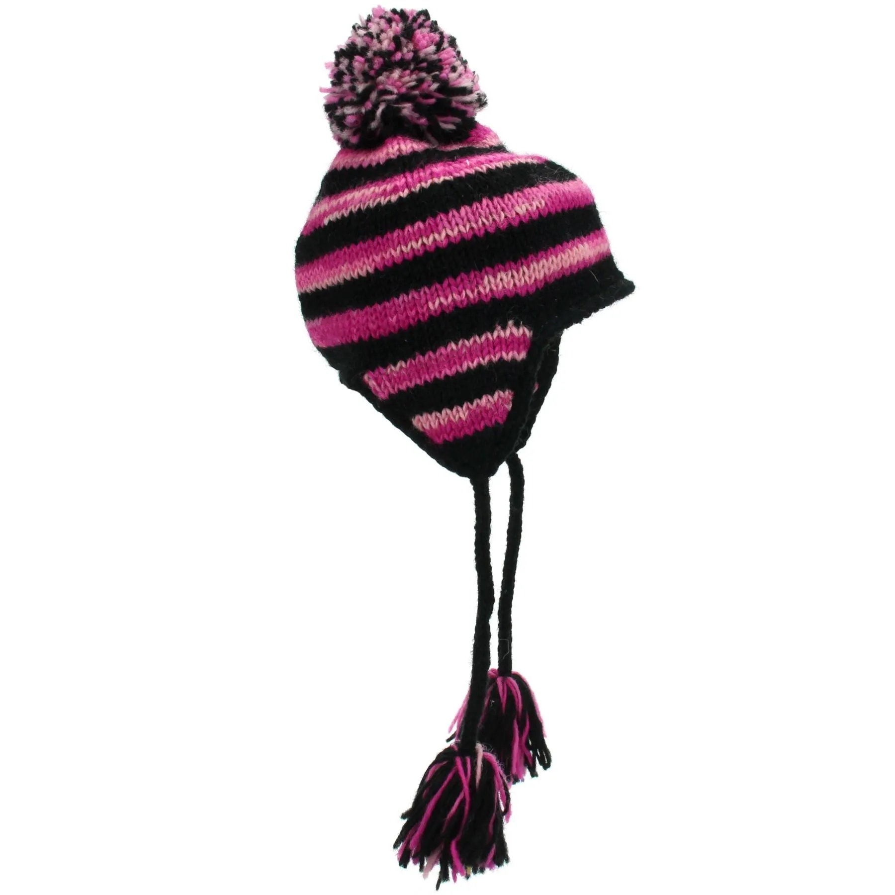 Wool Knit Earflap Bobble Hat - Stripe Black Pink SD