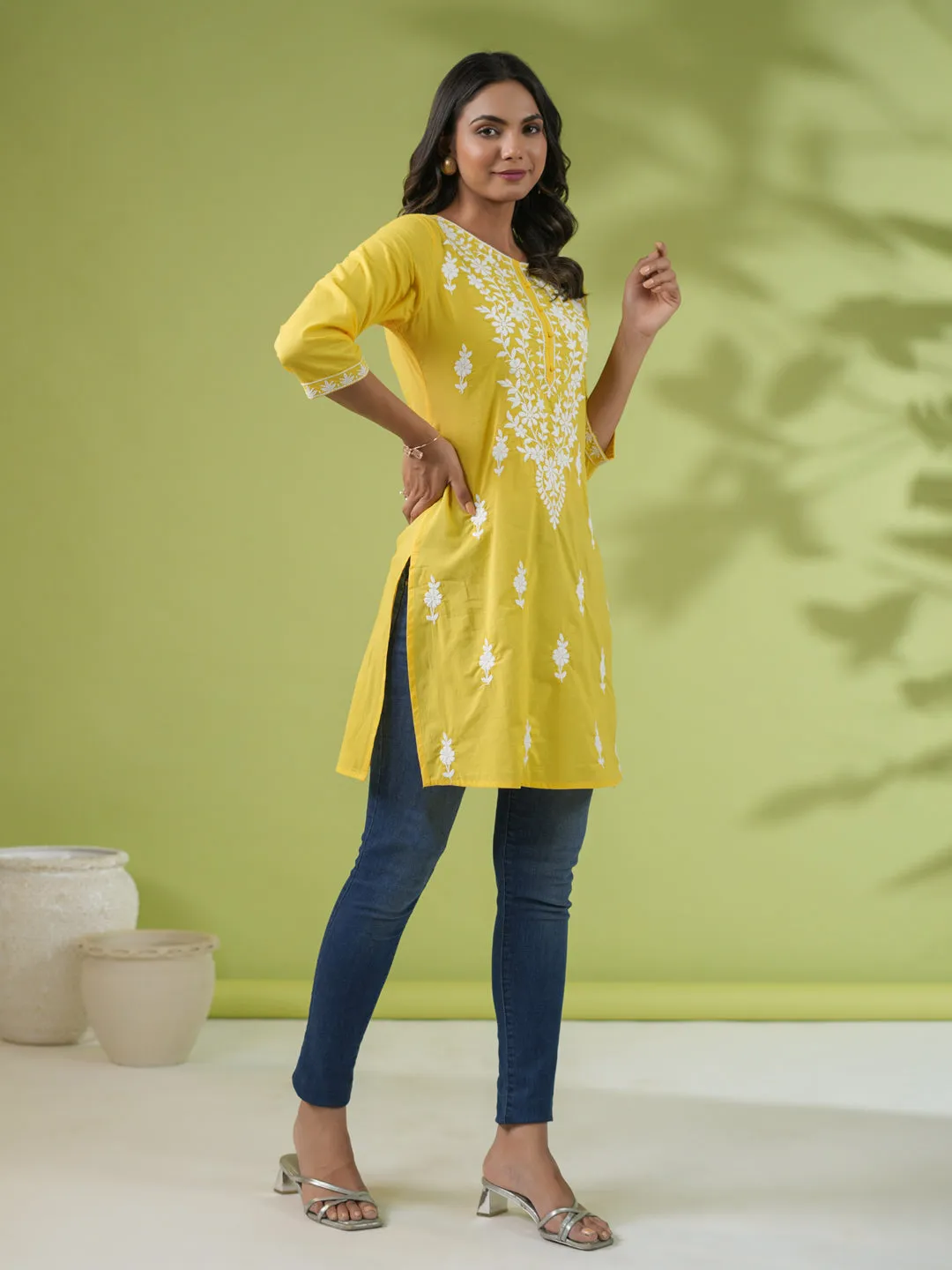 Yellow Cotton Chikankari Tunic