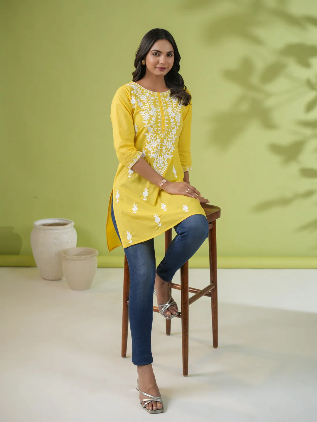 Yellow Cotton Chikankari Tunic