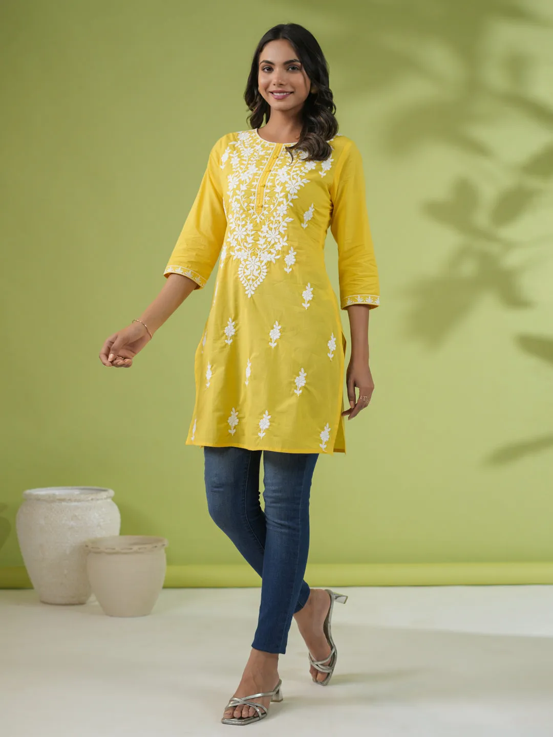 Yellow Cotton Chikankari Tunic